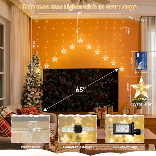woohaha Christmas Star Icicle Curtain Lights, 118LED Warm White