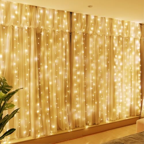 HXWEIYE 300LED Fairy Curtain Lights, 9.8x9.8Ft USB, Remote, 8 Modes &