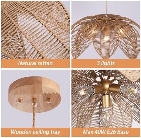 3-Light 24" Rattan Chandelier