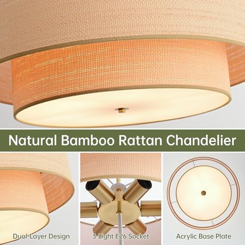 Boho Modern 23.6" 6-Light Rattan Chandelier with Fabric Shade