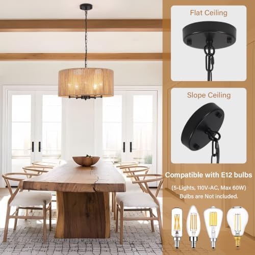 19.25'' 5-Light Boho Rattan Chandelier