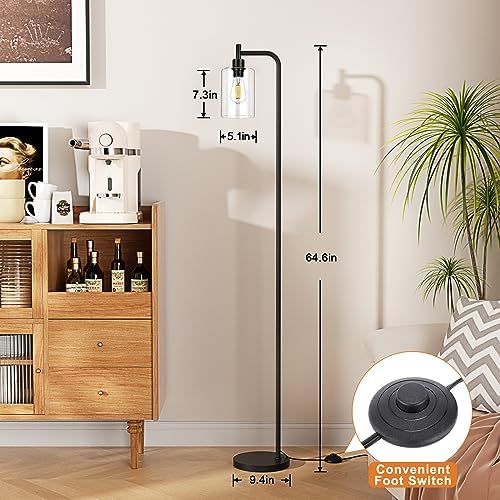 Ziisee Black Industrial Floor Lamp with Glass Shade