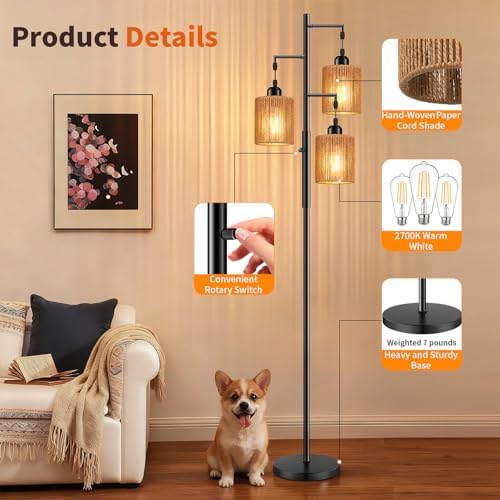 Hotsonic 72" Boho Rattan Tree Floor Lamp, Black