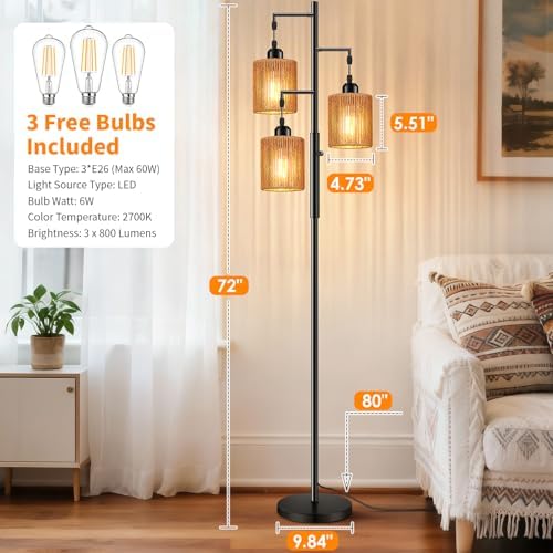 Hotsonic 72" Boho Rattan Tree Floor Lamp, Black