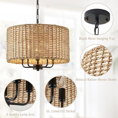 5-Light Boho Rattan Chandelier with Drum Shade