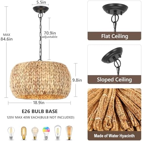 PAUFUL 5-Light Boho Chandelier with Water Hyacinth Lampshade