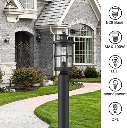 Outdoor Post Light, Black Finish, Seeded Glass