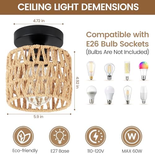 Farmhouse Semi Flush Mount Ceiling Light, 1-Pack, Boho Rattan