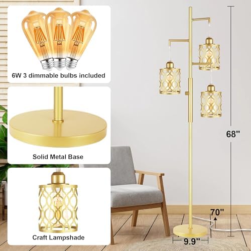 ROTTOGOON 68" Dimmable Gold Floor Lamp, 3-Light
