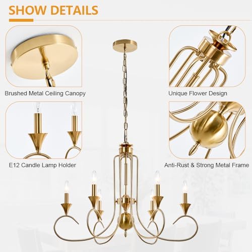 Modern Farmhouse 6-Light Gold Candle Chandelier