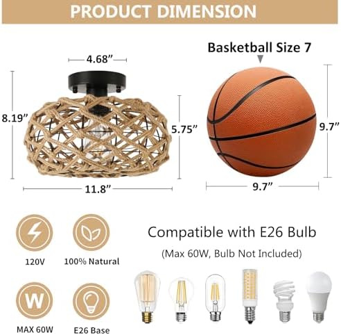 foucasal Rattan Wicker Semi Flush Mount Ceiling Light