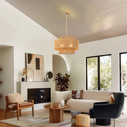24'' Boho Rattan Chandelier, 4-Light Hand-Woven Wicker Pendant Lamp