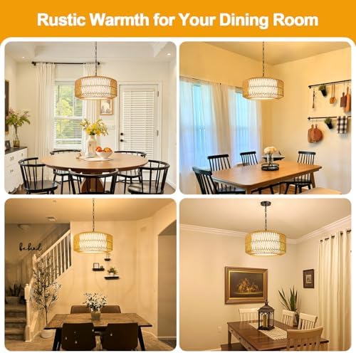 5-Light Rattan Farmhouse Chandelier, Height Adjustable 9"-52"