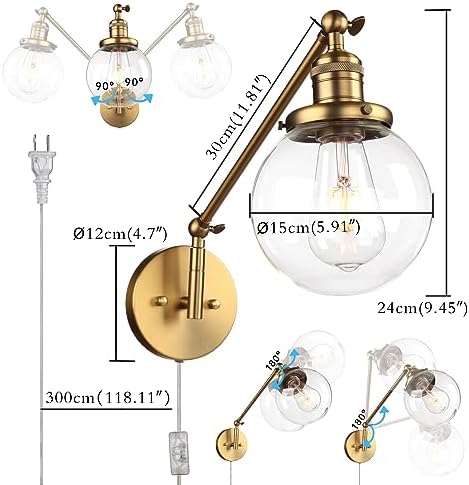 PERMO Plug-In Swing Arm Wall Sconce, 5.9" Glass Shade