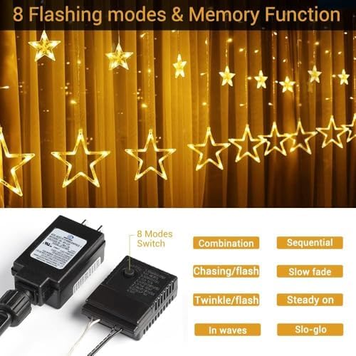 Quntis 12 Stars Curtain Christmas Lights, 138 LED