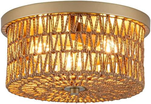 3-Light Rattan Flush Mount Ceiling Light