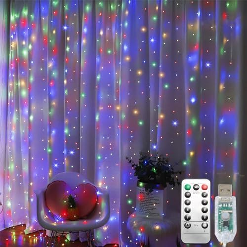 300 LED Curtain String Lights, 9.8x9.8Ft Multicolored