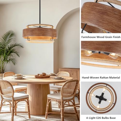 19.5" Farmhouse Rattan Chandelier, 4-Light