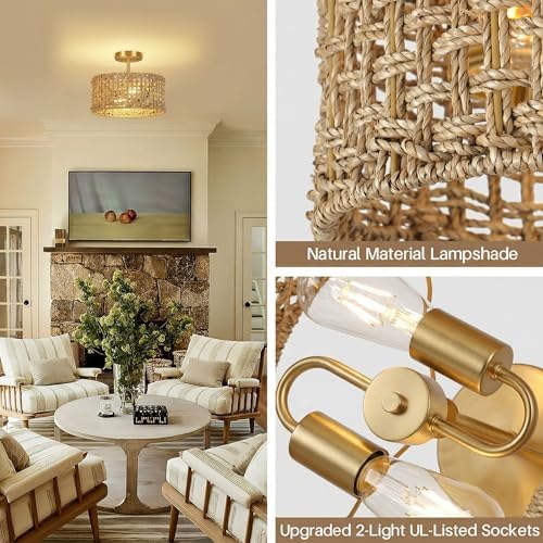 Boho Rattan Ceiling Light, 12.6" Woven Drum Flush Mount
