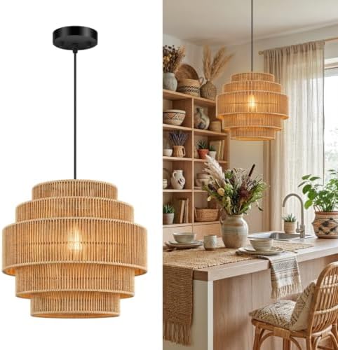 5-Tier Rattan Chandelier, 13” Pendant Light