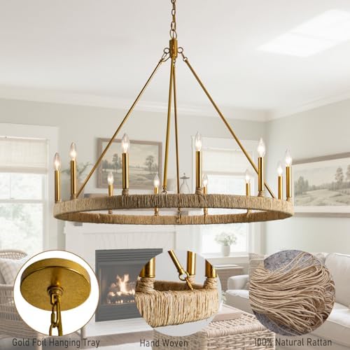 40-Inch 12-Light Rattan Chandelier