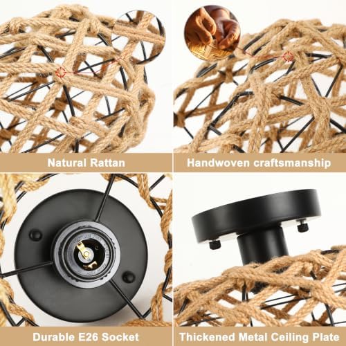 foucasal Rattan Wicker Semi Flush Mount Ceiling Light