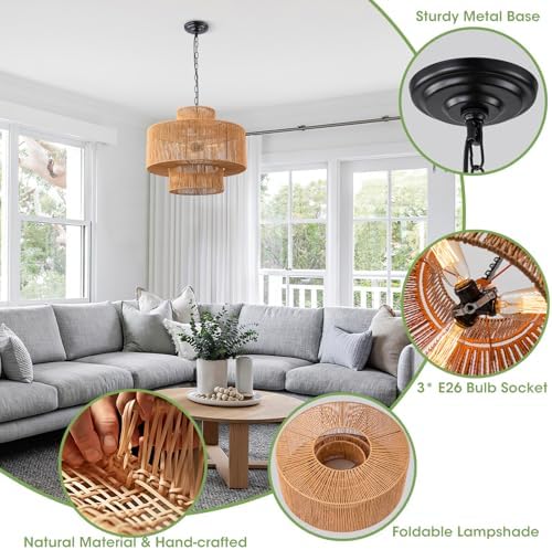 19.7 Inch 3-Light Rattan Pendant Light