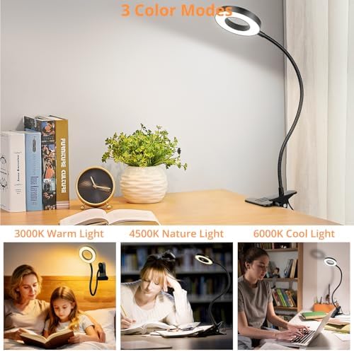 Woputne Clip-on Desk Lamp for Bed Reading, Black