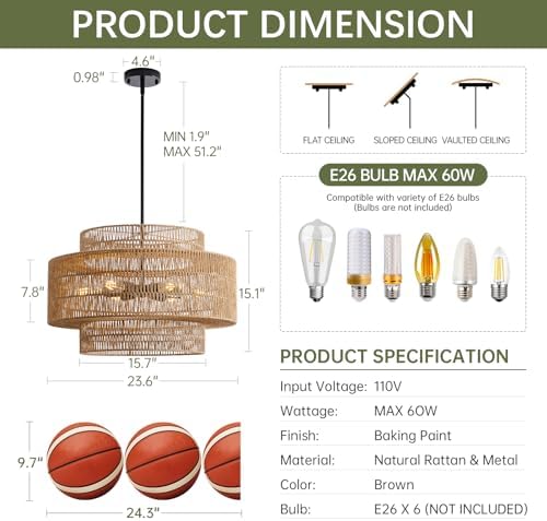 24" Rattan Chandelier, Large Boho Pendant Light