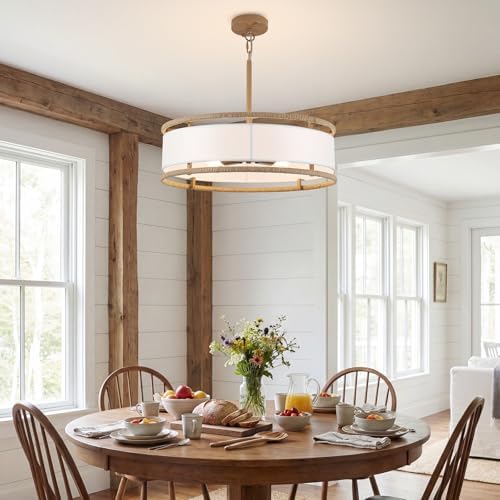 19.7" Gold Rattan Drum Chandelier, 4-Light