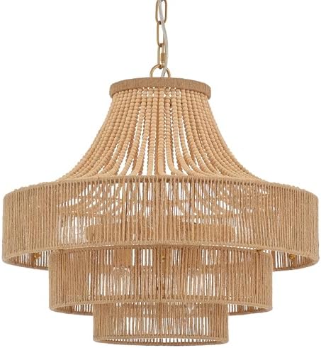 6-Light Wood Beaded Rattan Chandelier, 20-Inch