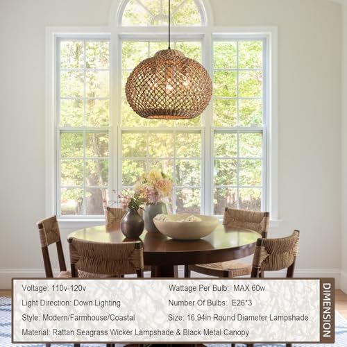 16.94in 3-Light Rattan Pendant Light