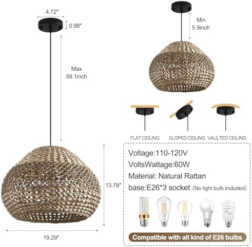 19.29” 3-Light Woven Rattan Pendant Light