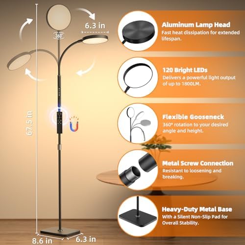 PACOVY Adjustable Floor Lamp, Remote Control, Black