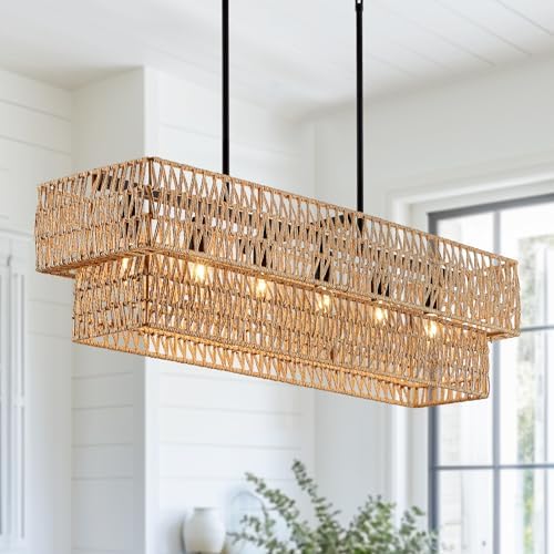 6-Light 34” Boho Rattan Linear Chandelier