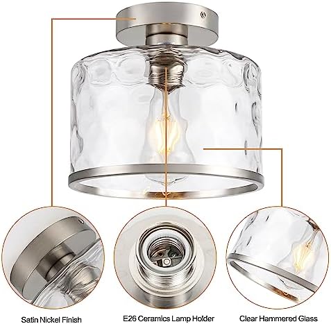 Zlepmlla Semi Flush Mount Ceiling Light, Hammered Glass, Satin Nickel