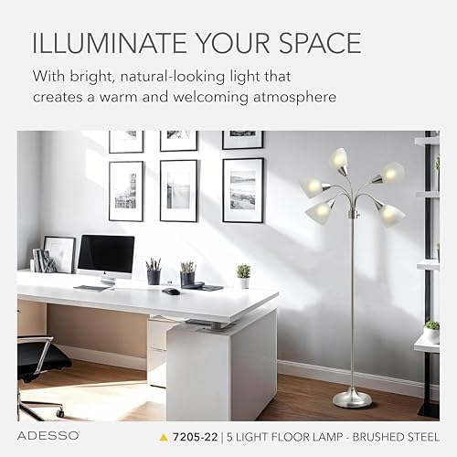 Adesso Floor Lamp, 5 Movable Shades, Brushed Steel Finish