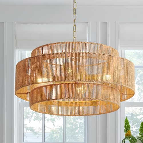 Large Farmhouse Rattan Chandelier, 22.8in Boho Pendant Light