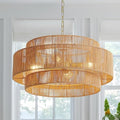 Large Farmhouse Rattan Chandelier, 22.8in Boho Pendant Light