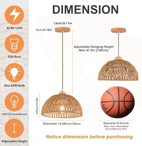 Boho Rattan Pendant Light with Wooden Base