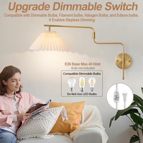 Gold Swing Arm Wall Sconces, Set of 2, Pleated Shade