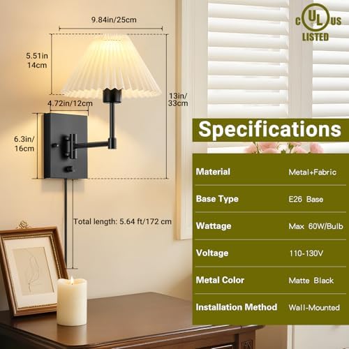 Plug-in Wall Sconces Set of 2, Black