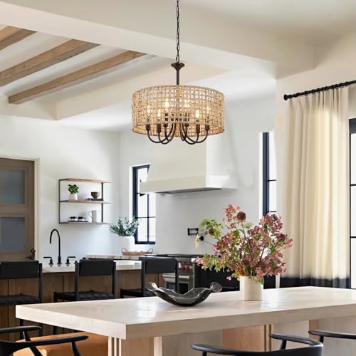 LynPon 17.7" Black Rattan Chandelier, 6-Light