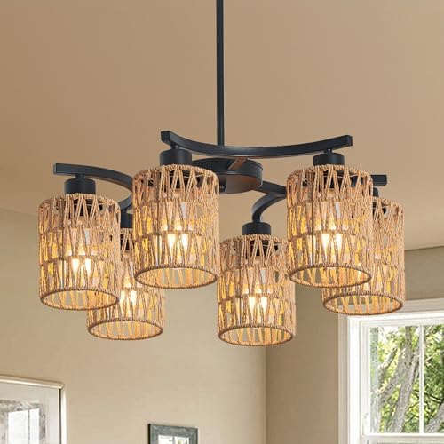 21" 6-Light Boho Rattan Chandelier