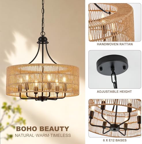 21.8" Large Black Rattan Chandelier, 6-Light