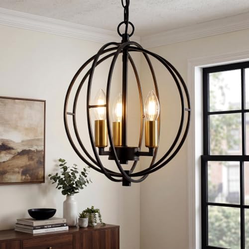 3-Light Farmhouse Chandelier, Black Metal Globe Pendant Light