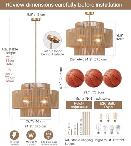 24'' Boho Rattan Chandelier, 4-Light Hand-Woven Wicker Pendant Lamp