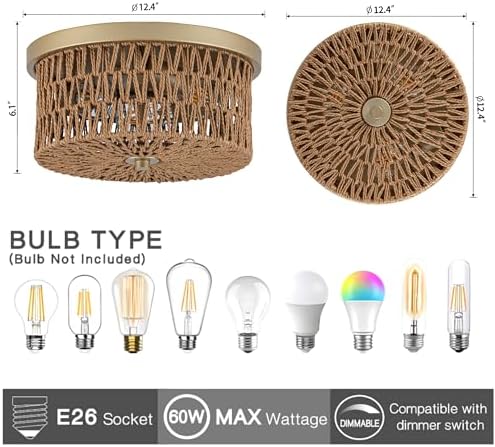 3-Light Rattan Flush Mount Ceiling Light