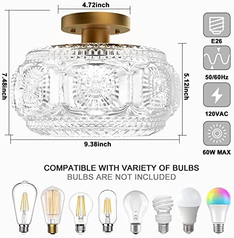 Globe Glass Semi Flush Mount Ceiling Light, Vintage Gold