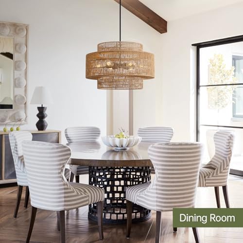 24" Rattan Chandelier, Large Boho Pendant Light